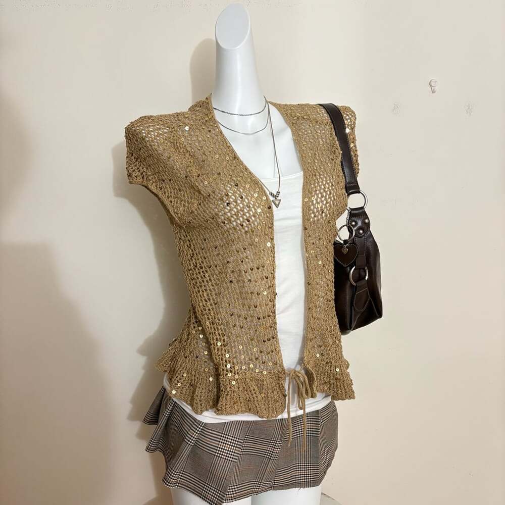 Faded Glory Sequin Cardigan Size XL 16/18 Gold Open Crochet Knit Tie Front Shrug